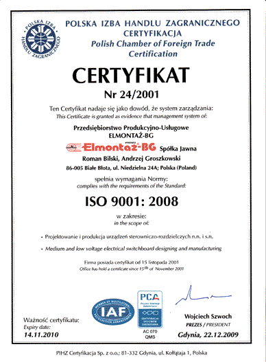 Certyfikat Systemu Jakości ISO 9001:2000