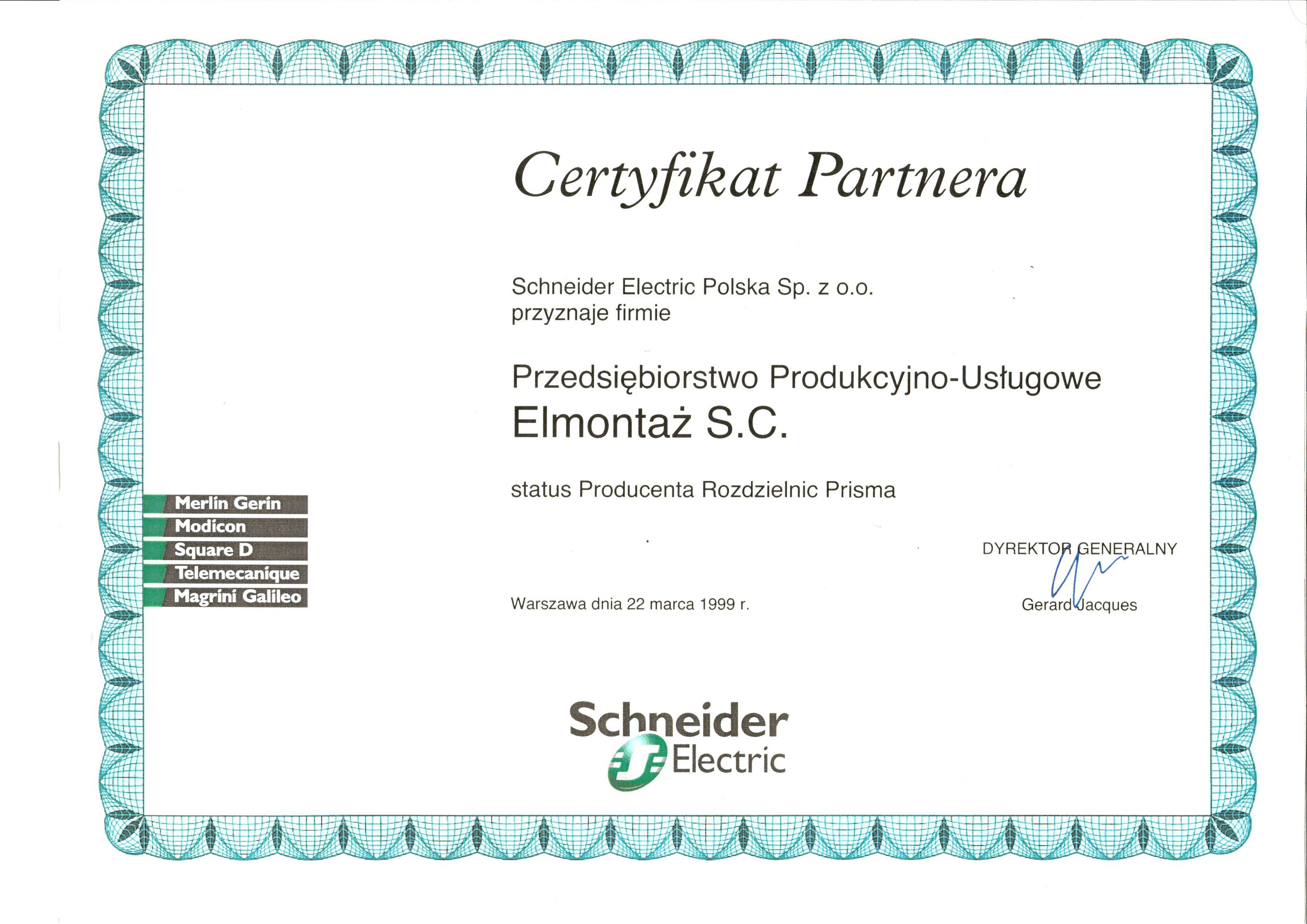 Certyfikat Partnera Schneider Electric