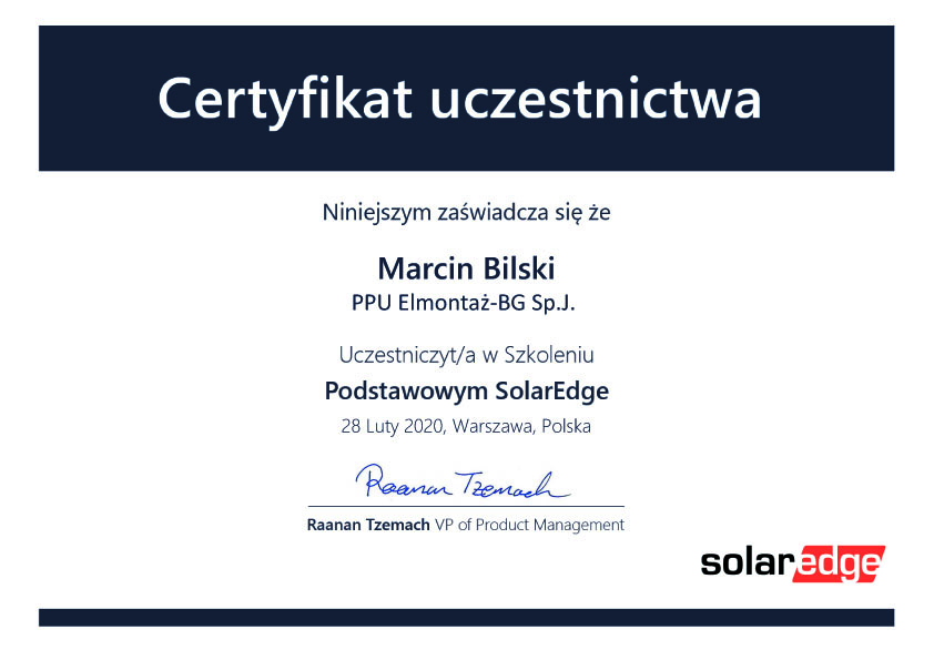 Certyfikat SolarEdge